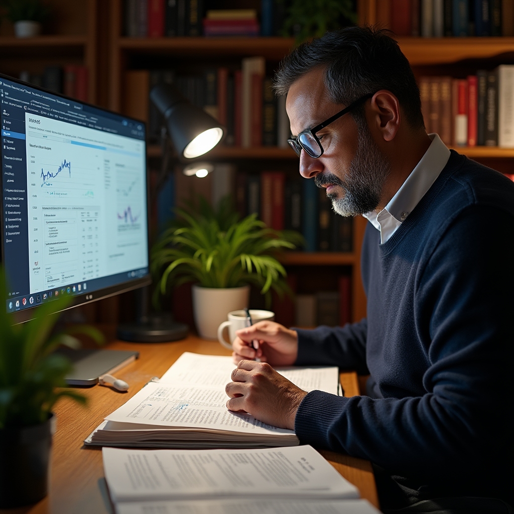 Analyst writing detailed economic report with multiple reference sources