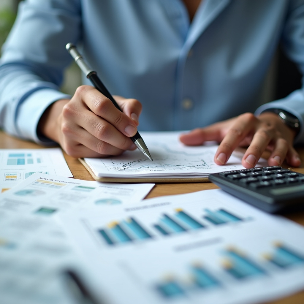 Participant taking notes during a structured educational consulting session with printed economic reference materials on desk