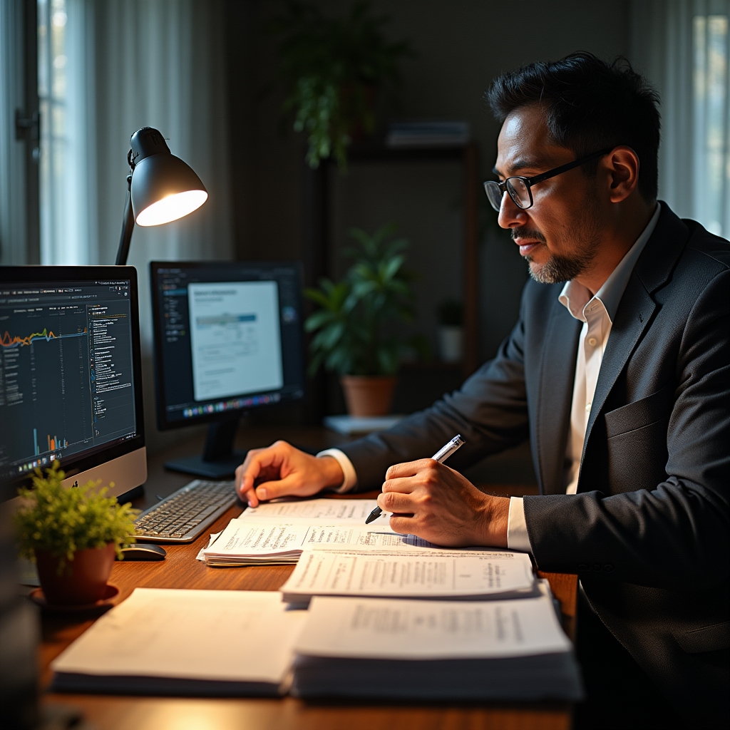 Researcher reviewing official government economic publications and DANE statistical reports at a structured workspace