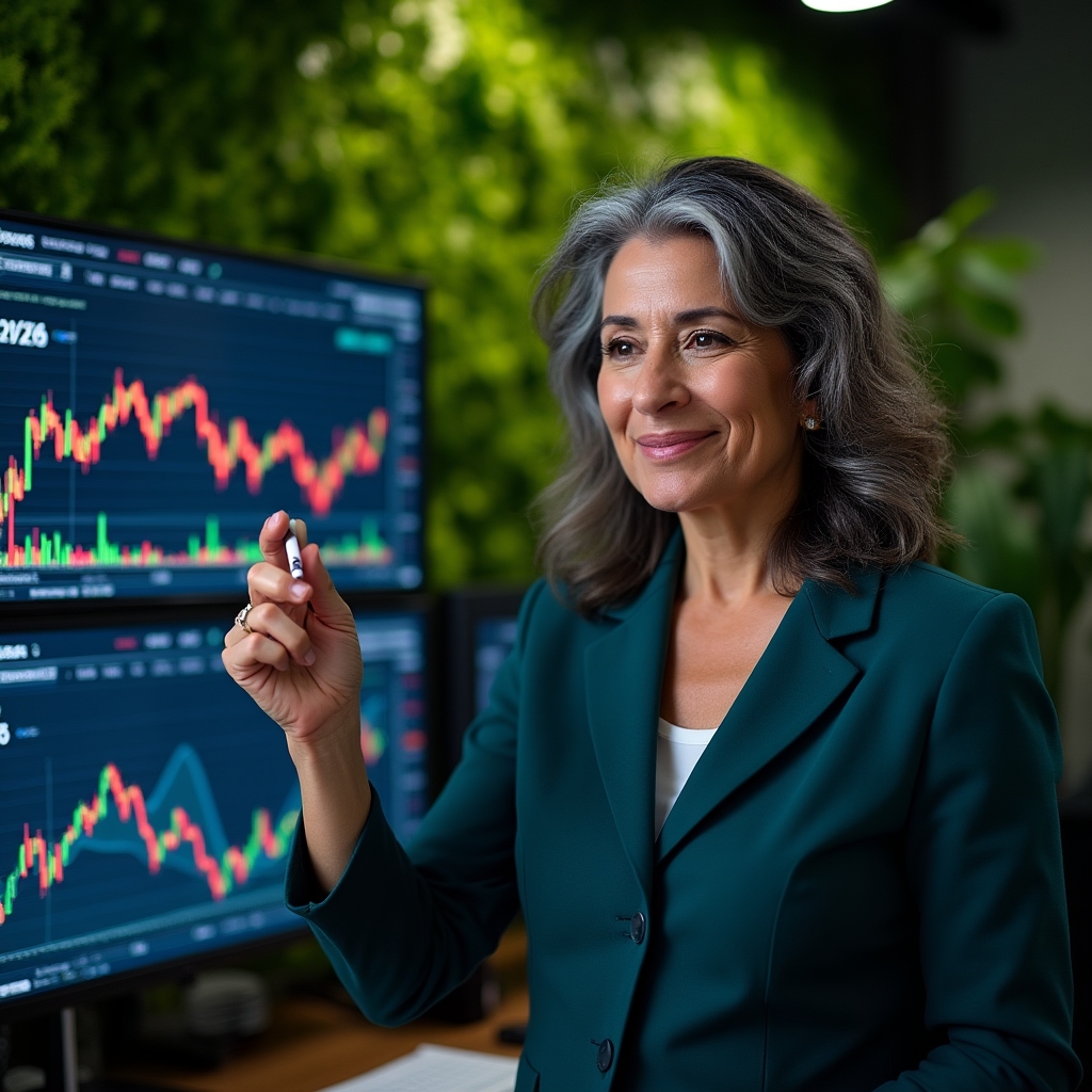 Professional reviewing economic charts and Colombia financial data on large screens