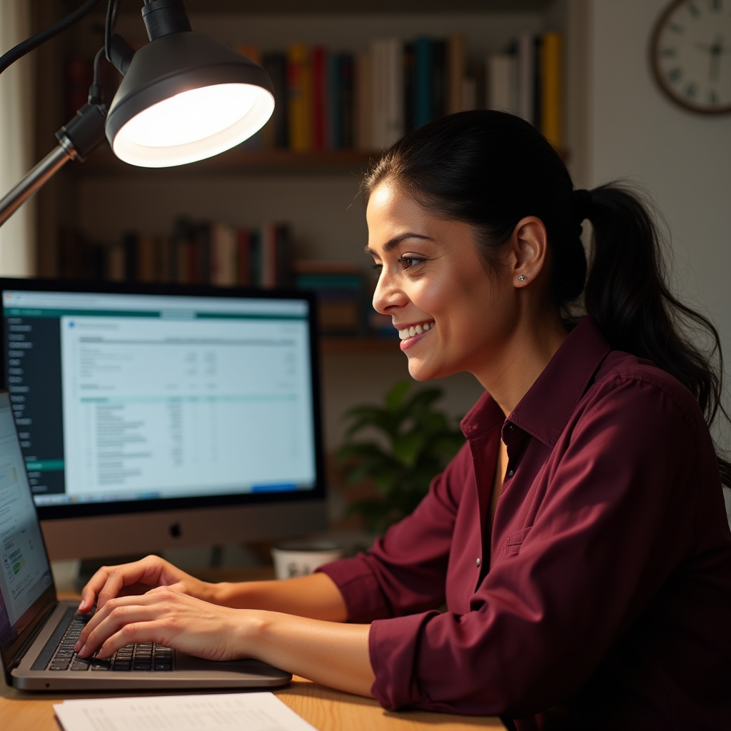 Professional economic educator in a one-on-one video consultation session, reviewing household budget documents on screen