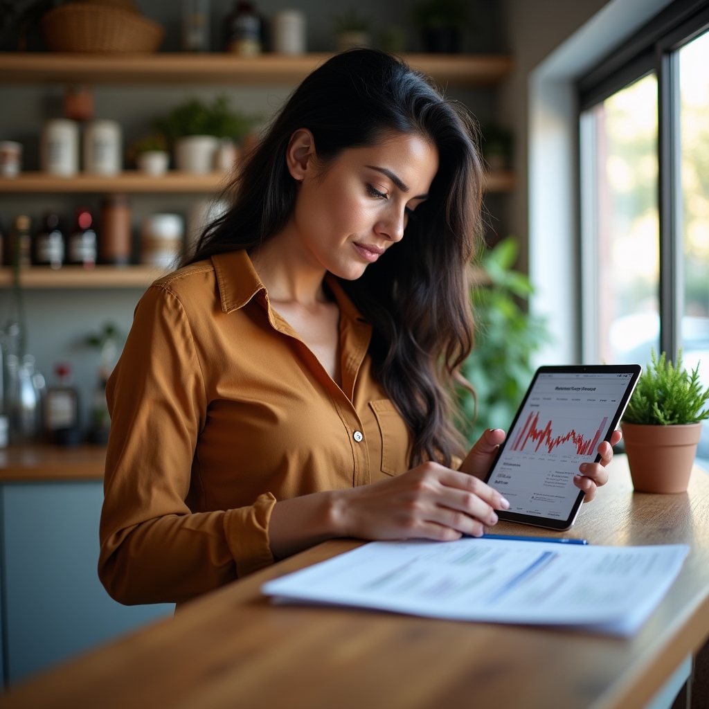 Colombian micro-business owner reviewing financial documents and economic information at a small business workspace in Bogotá