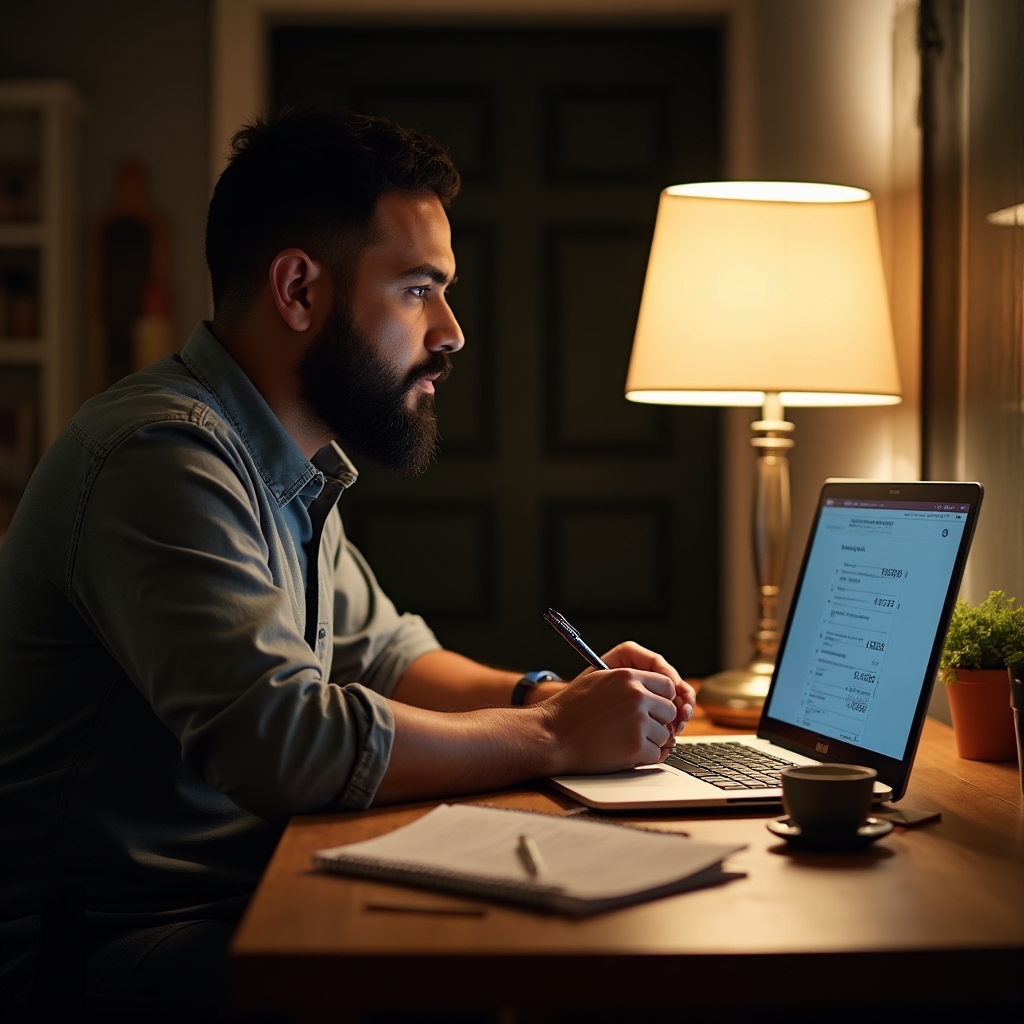 Small business owner participating in an online economic education webinar from their workspace, taking notes on a notepad