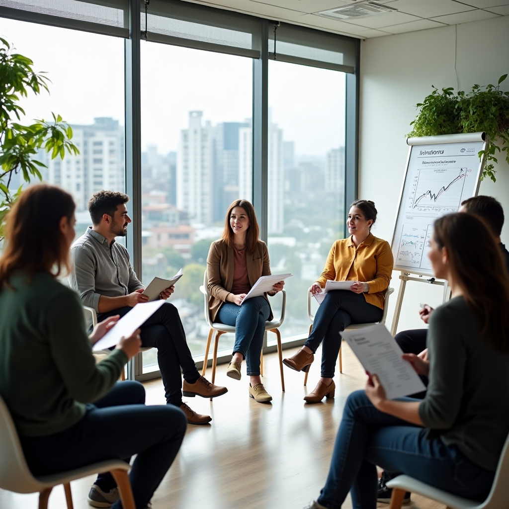 Group of workshop participants engaged in discussion about household finances